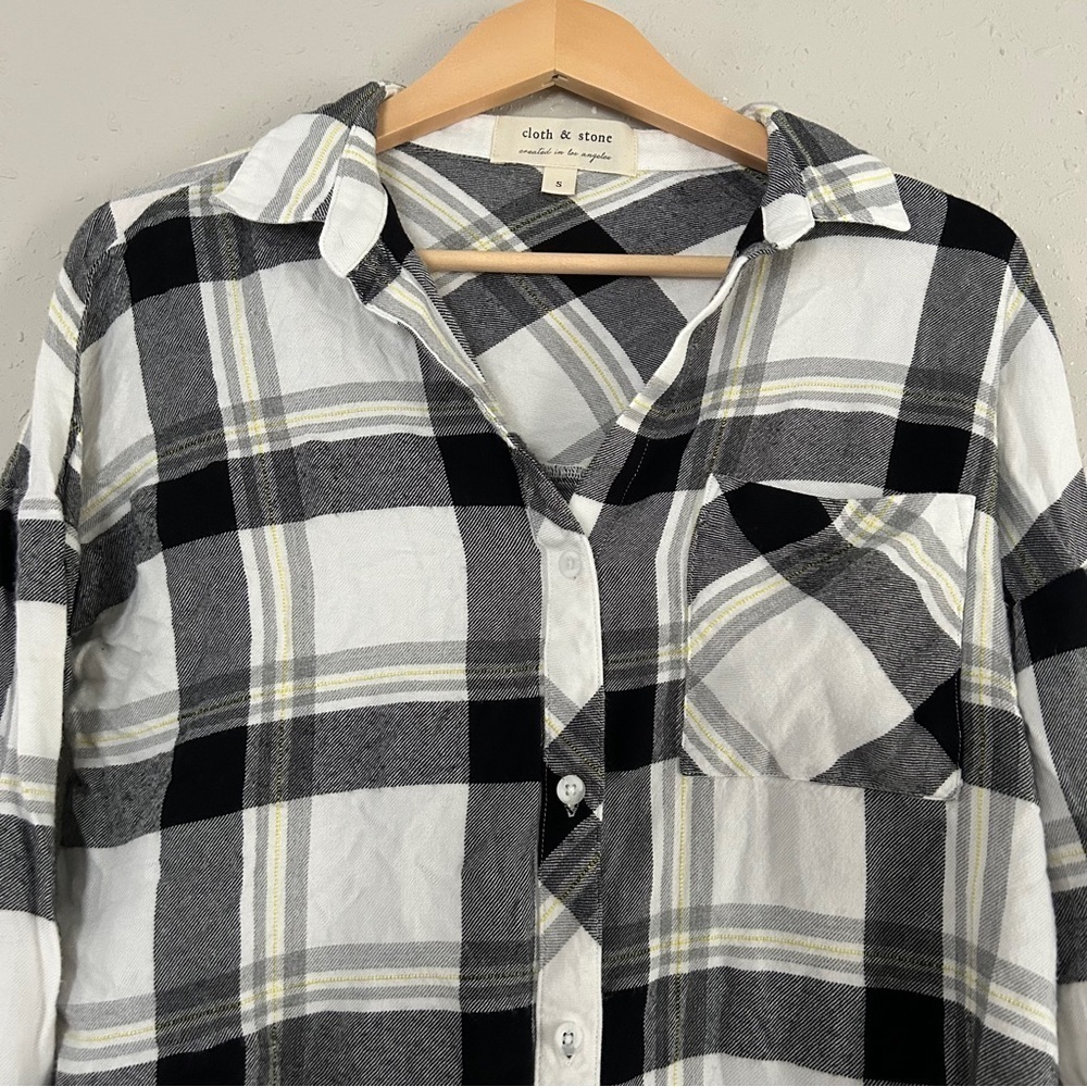 Cloth & Stone Anthropologie Soft Flannel Plaid White Black Yellow Casual Comfy - Picture 4 of 5